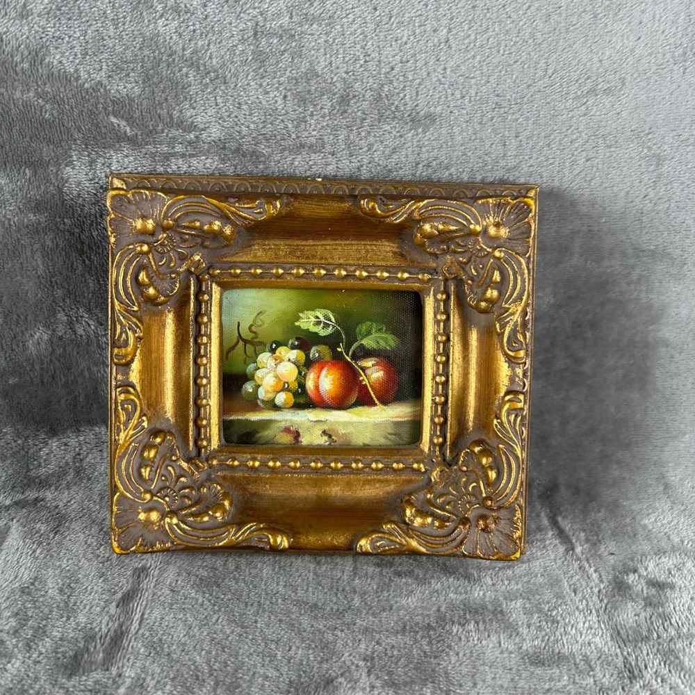 Miniature Ornate Gold Framed Still Life Fruit Print Hand Painted Accents Art